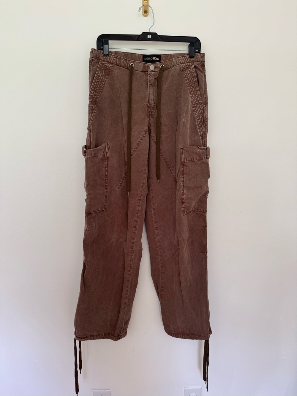 Fashion Nova brown washed cargo pants medium drawstring baggy utility